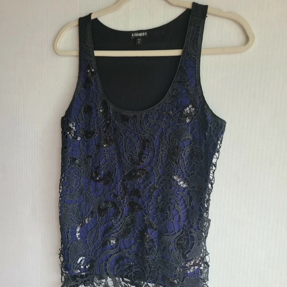 EXPRESS Dark Blue Tank w/ Black Lace - Picture 1 of 5